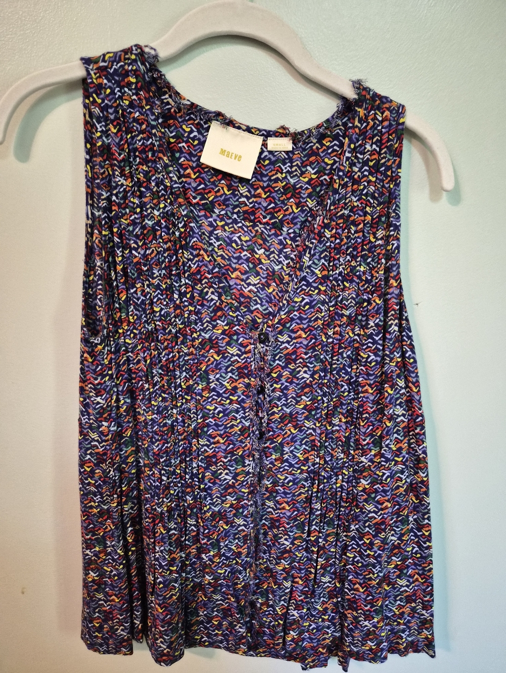 Maeve Navy Multicolor Wave-Print Sleeveless Blouse